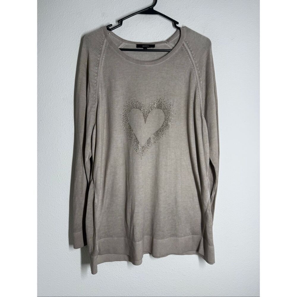 Bonita Women’s Bohemian Sweater Tunic Rhinestones Trim Heart Size XXL Beige
